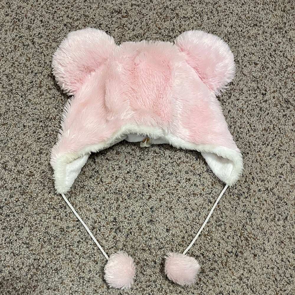 Disney Pink Faux Fur Ear Hat with Cream Lining and Pom Ties